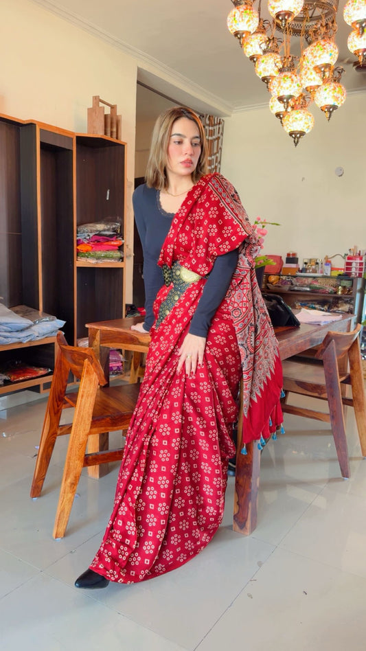 Modal Silk Ajrakh Handblock Saree ✨