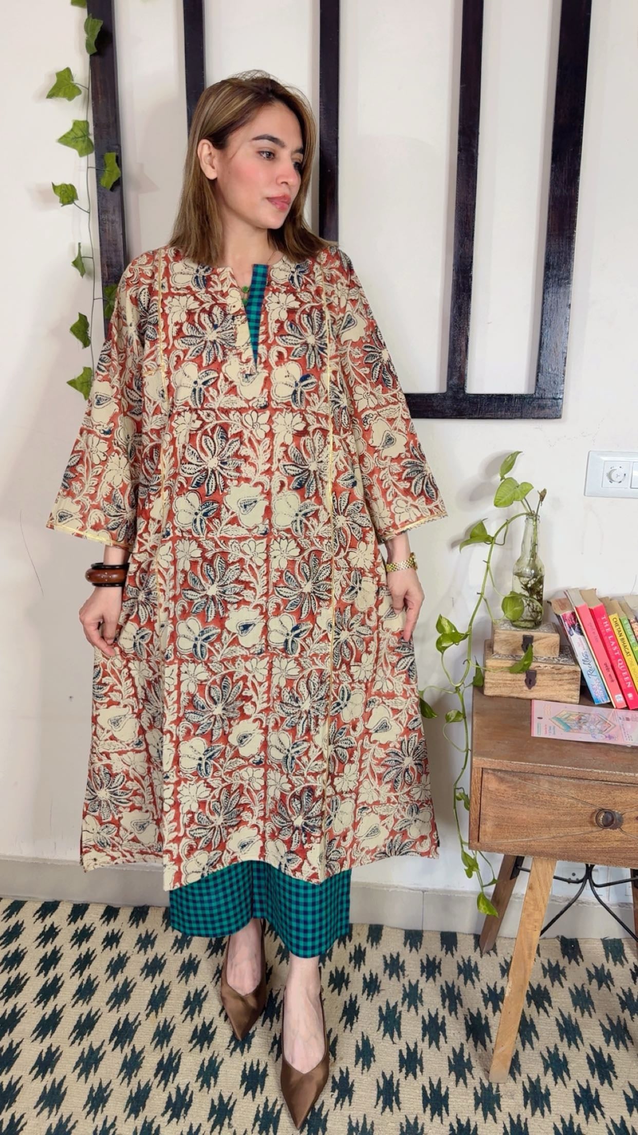 Handblock Kalamkari phiran with Handloom Check Bottom ✨