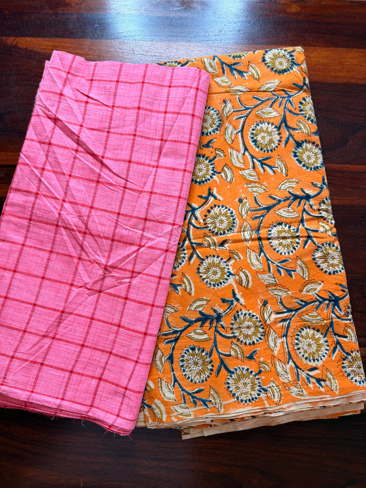 Handblock Kalamkari with Handloom Check Bottom ✨