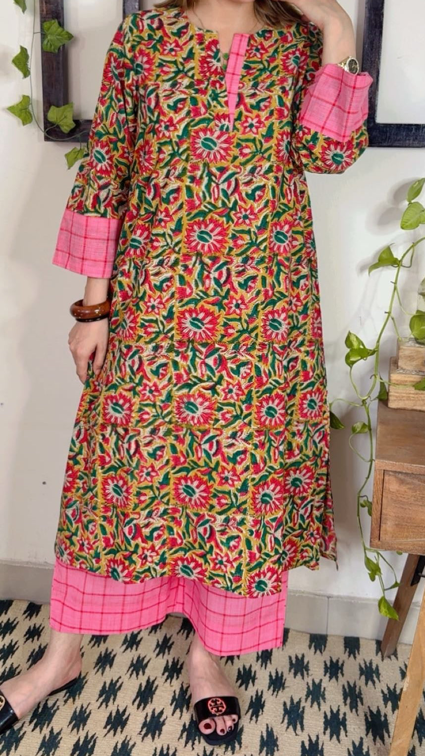 Handblock Kalamkari Shirt with Handloom Check Bottom ✨