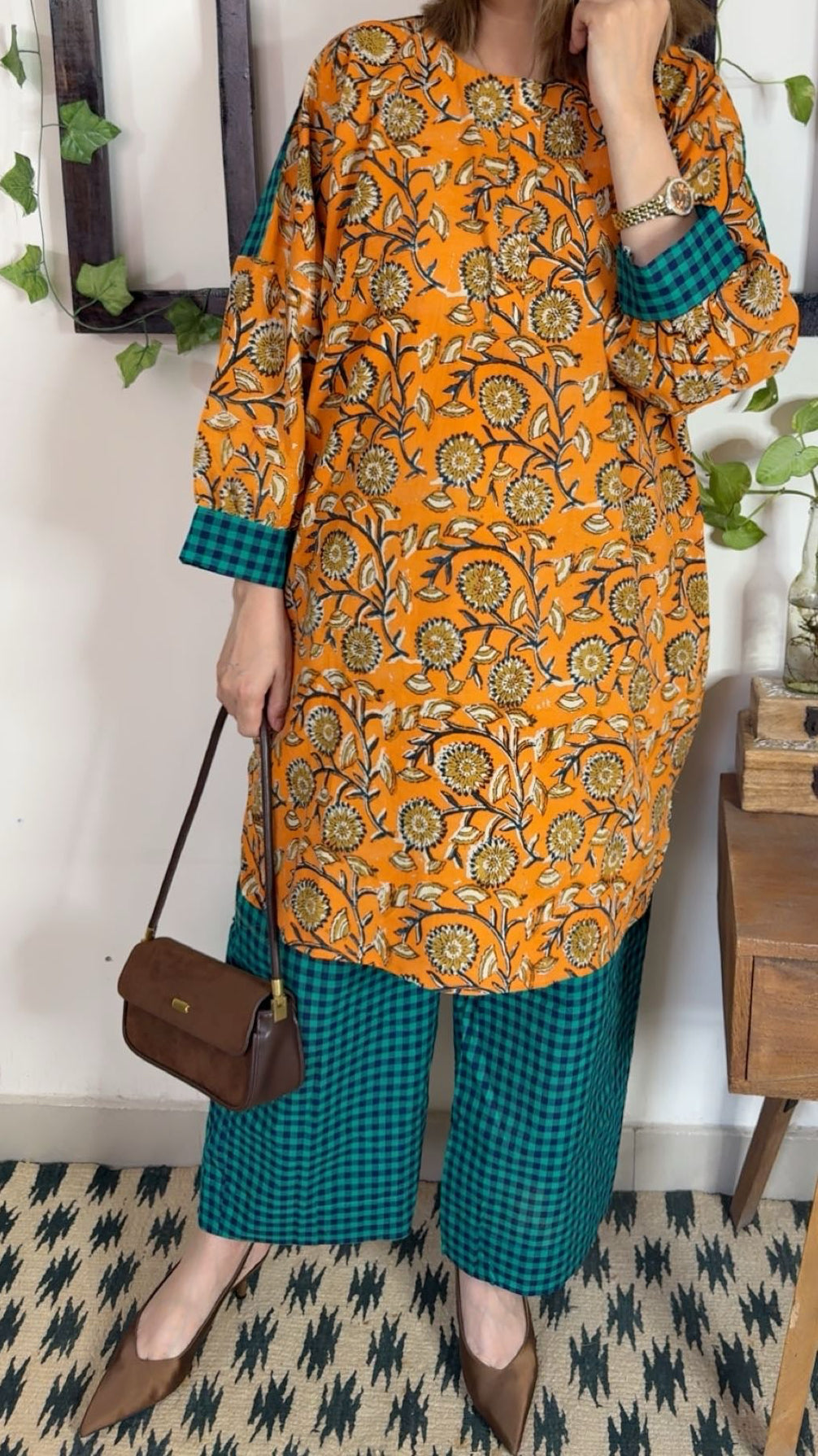 Handblock Kalamkari Shirt boxy fit with Handloom Check Bottom ✨