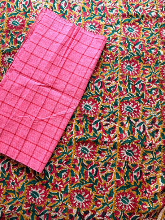 Handblock Kalamkari with Handloom Check Bottom ✨