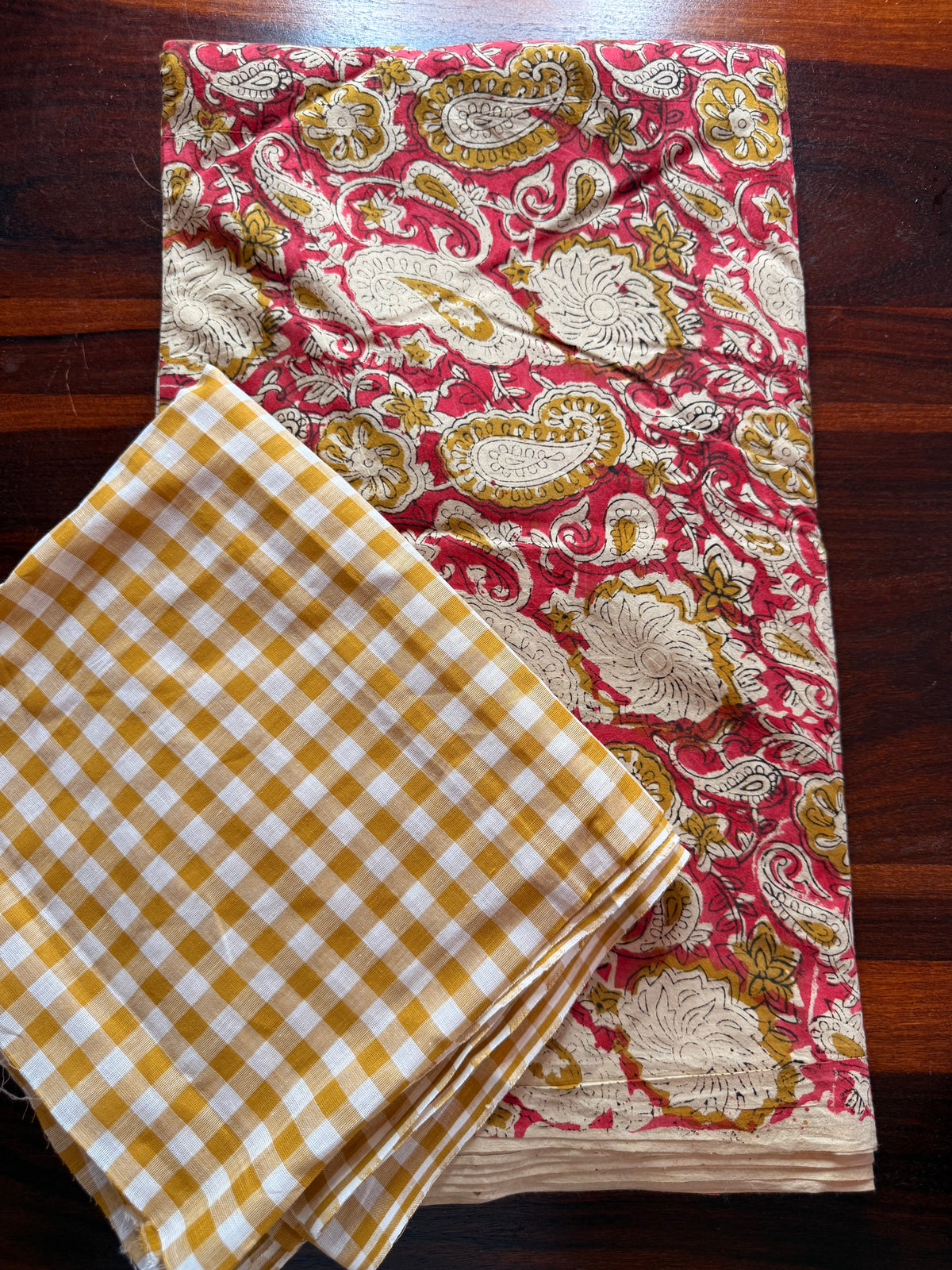 Handblock Kalamkari with Handloom Check Bottom ✨