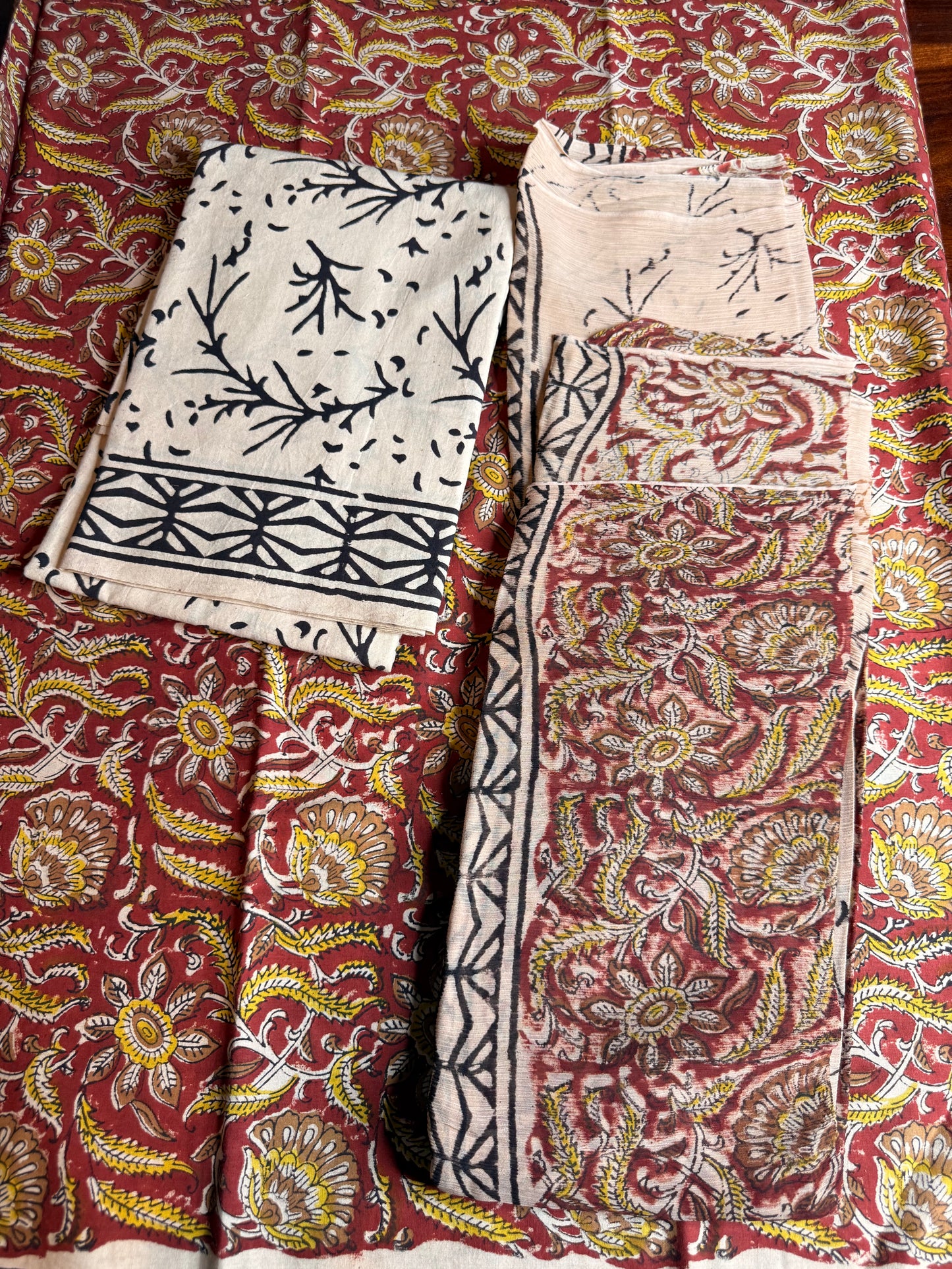 Handblock Kalamkari Cotton Suit Set with Chiffon Dupatta (Unstitched)