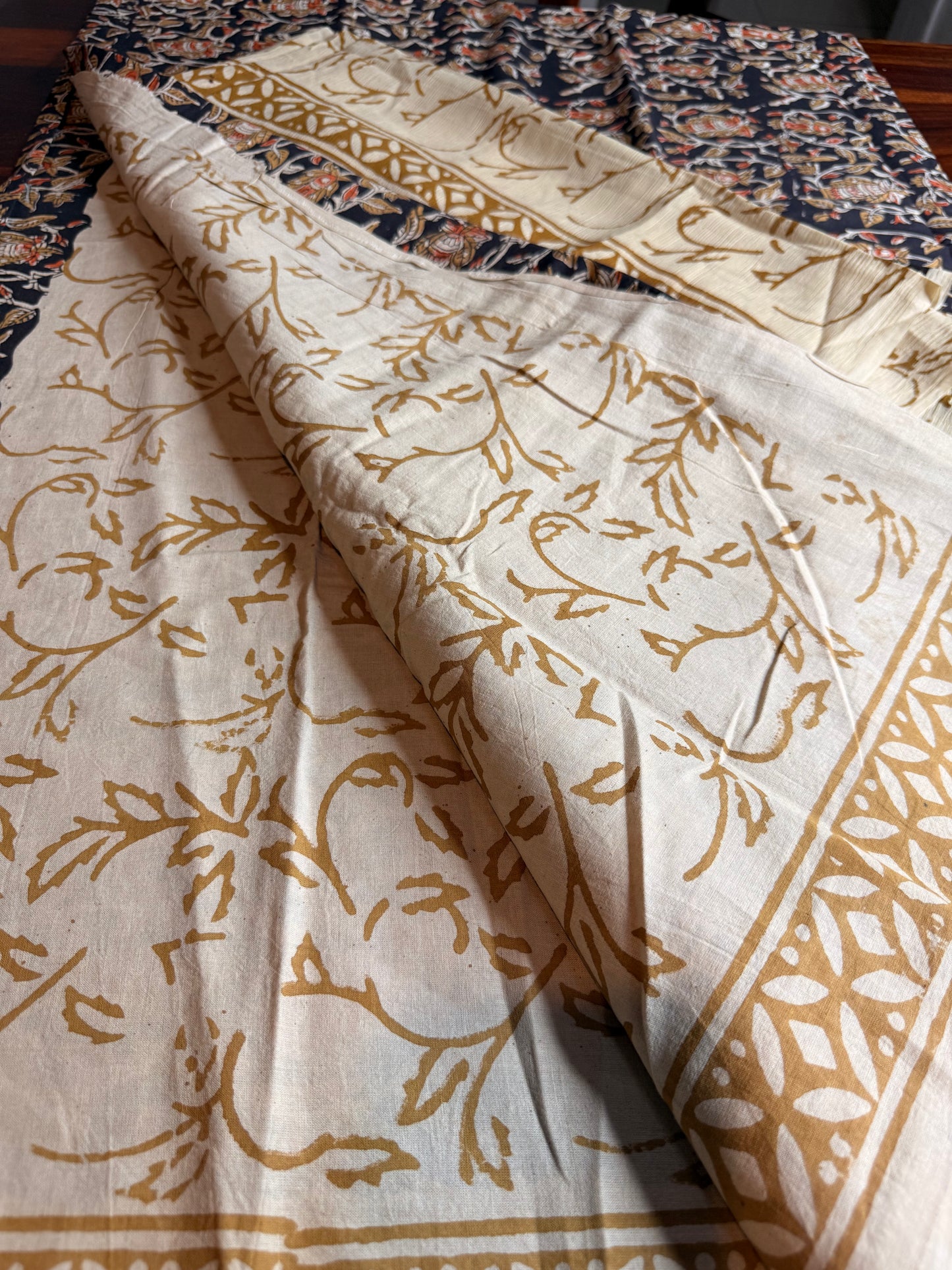 Handblock Kalamkari Cotton Suit Set with Chiffon Dupatta (Unstitched)