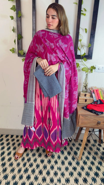 Uzbek Ikkat unstitched Handloom Cotton 3-Piece Set ✨