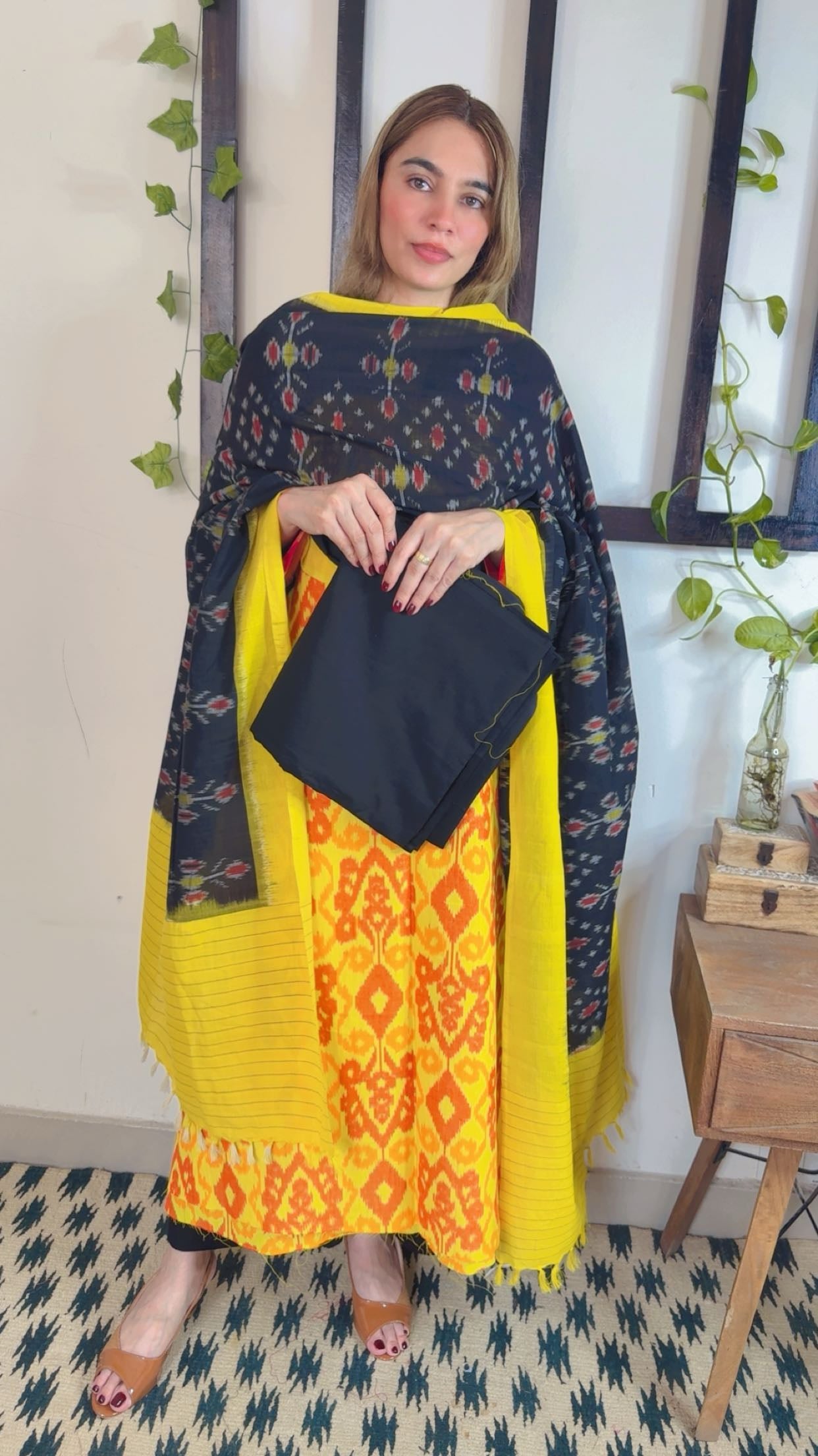Uzbek Ikkat unstitched Handloom Cotton 3-Piece Set ✨