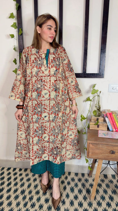 Handblock Kalamkari phiran  with Handloom Check Bottom ✨