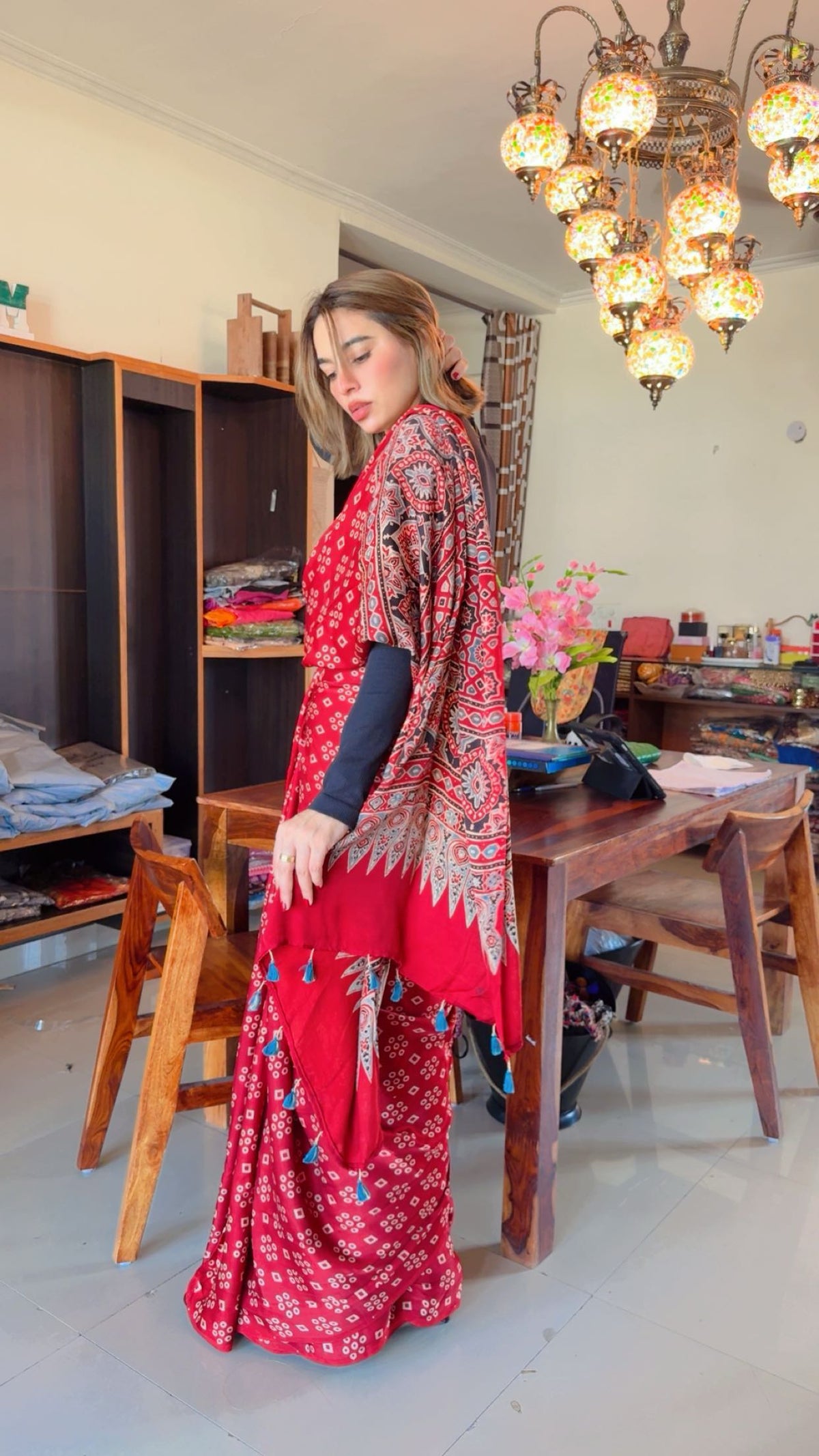 Modal Silk Ajrakh Handblock Saree ✨