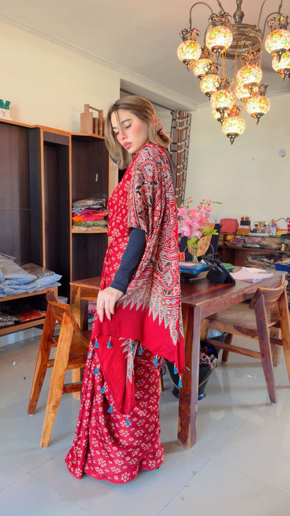 Modal Silk Ajrakh Handblock Saree ✨