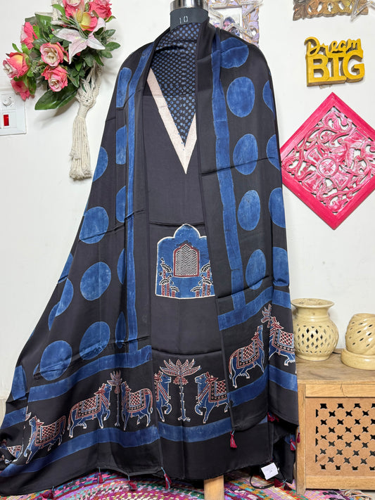 🌿 Ajrakh Handblock Modal Suit Set with Dupatta