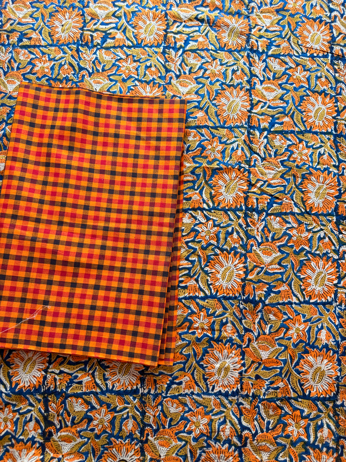 Handblock Kalamkari with Handloom Check Bottom ✨