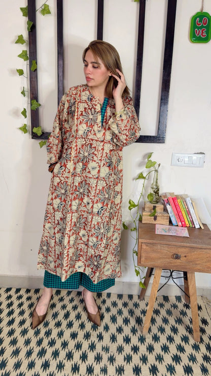 Handblock Kalamkari phiran  with Handloom Check Bottom ✨