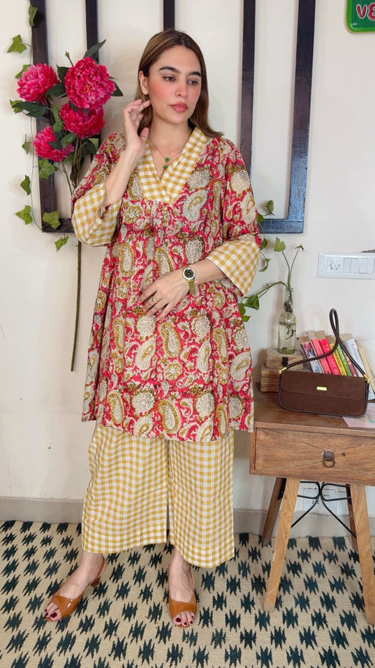 Handblock Kalamkari Shirt with Handloom Check Bottom ✨