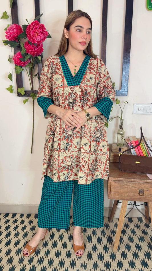 Handblock Kalamkari Shirt with Handloom Check Bottom ✨