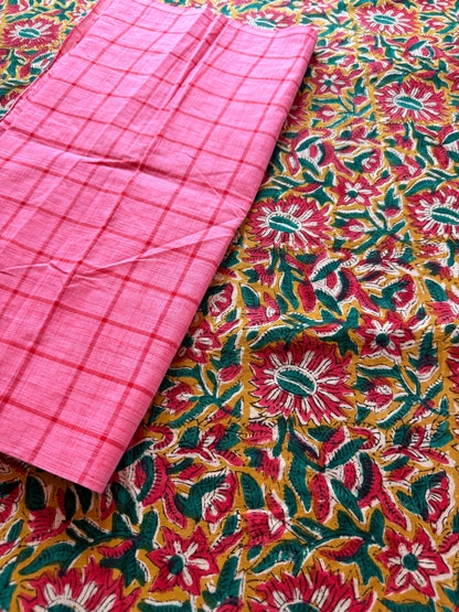 Handblock Kalamkari with Handloom Check Bottom ✨