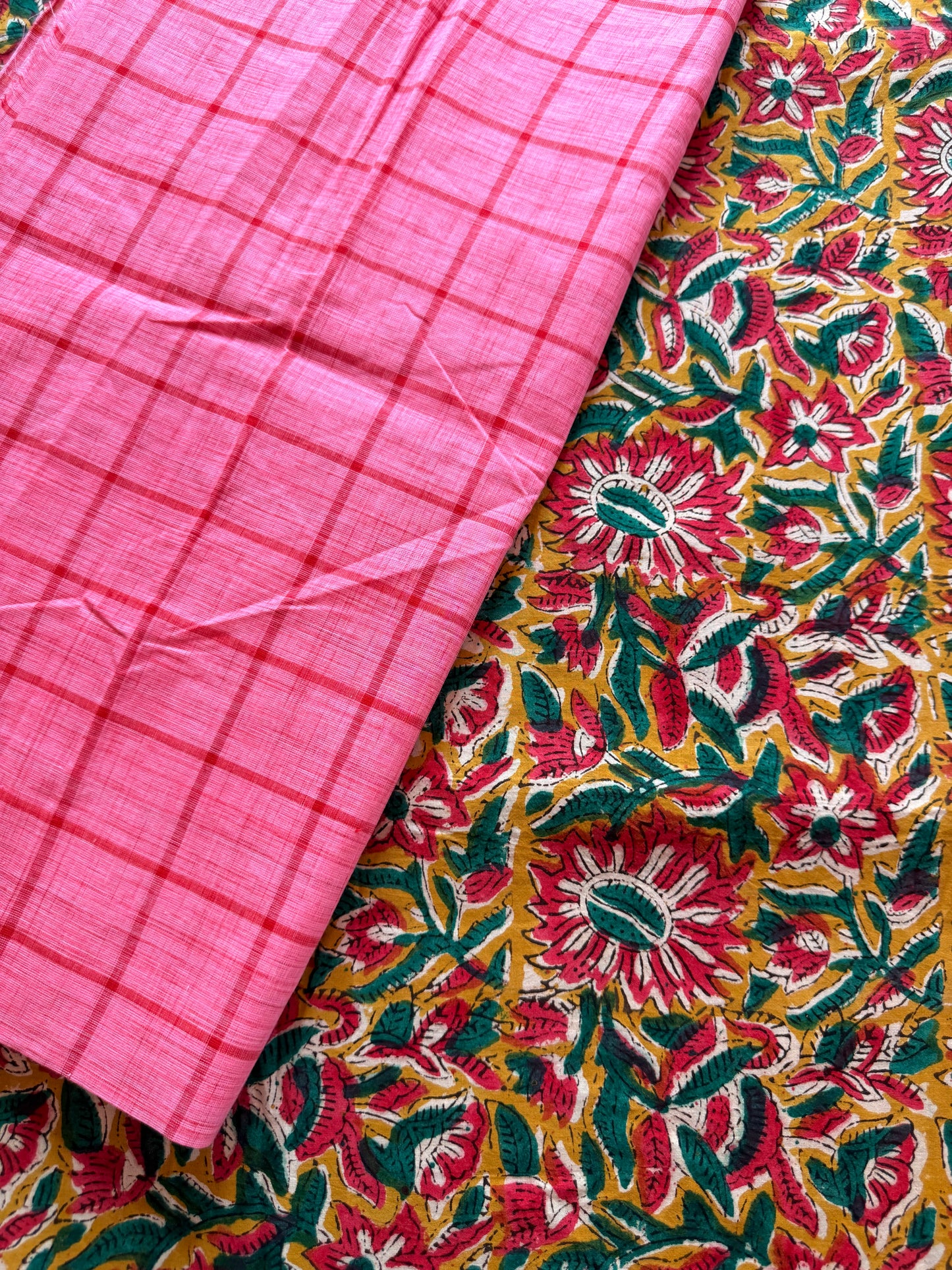 Handblock Kalamkari with Handloom Check Bottom ✨