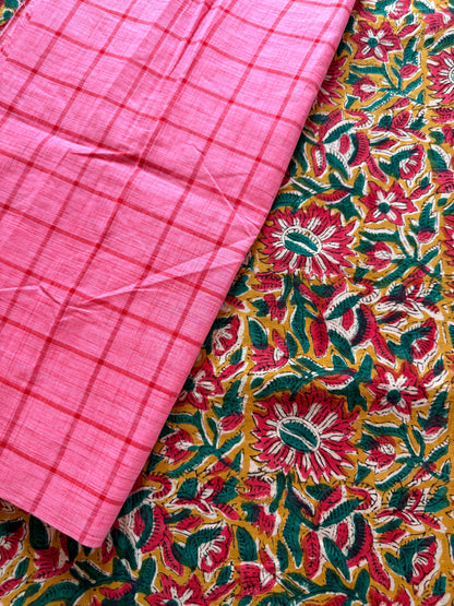 Handblock Kalamkari with Handloom Check Bottom ✨