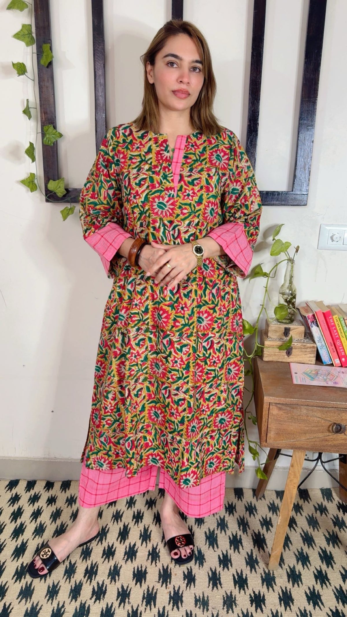 Handblock Kalamkari Shirt with Handloom Check Bottom ✨