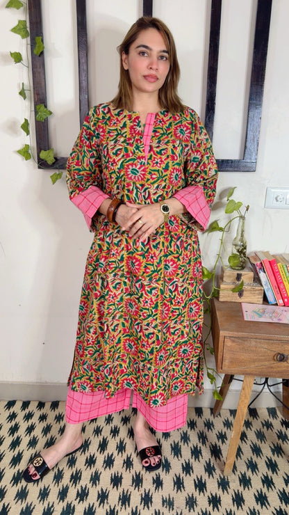 Handblock Kalamkari Shirt with Handloom Check Bottom ✨