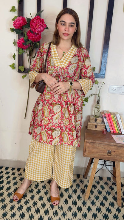 Handblock Kalamkari Shirt with Handloom Check Bottom ✨