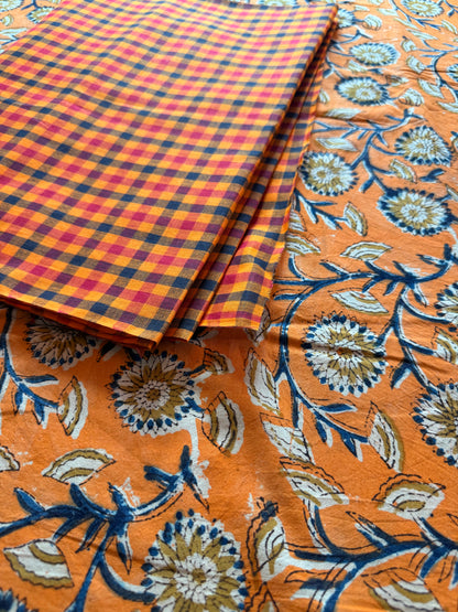 Handblock Kalamkari with Handloom Check Bottom ✨