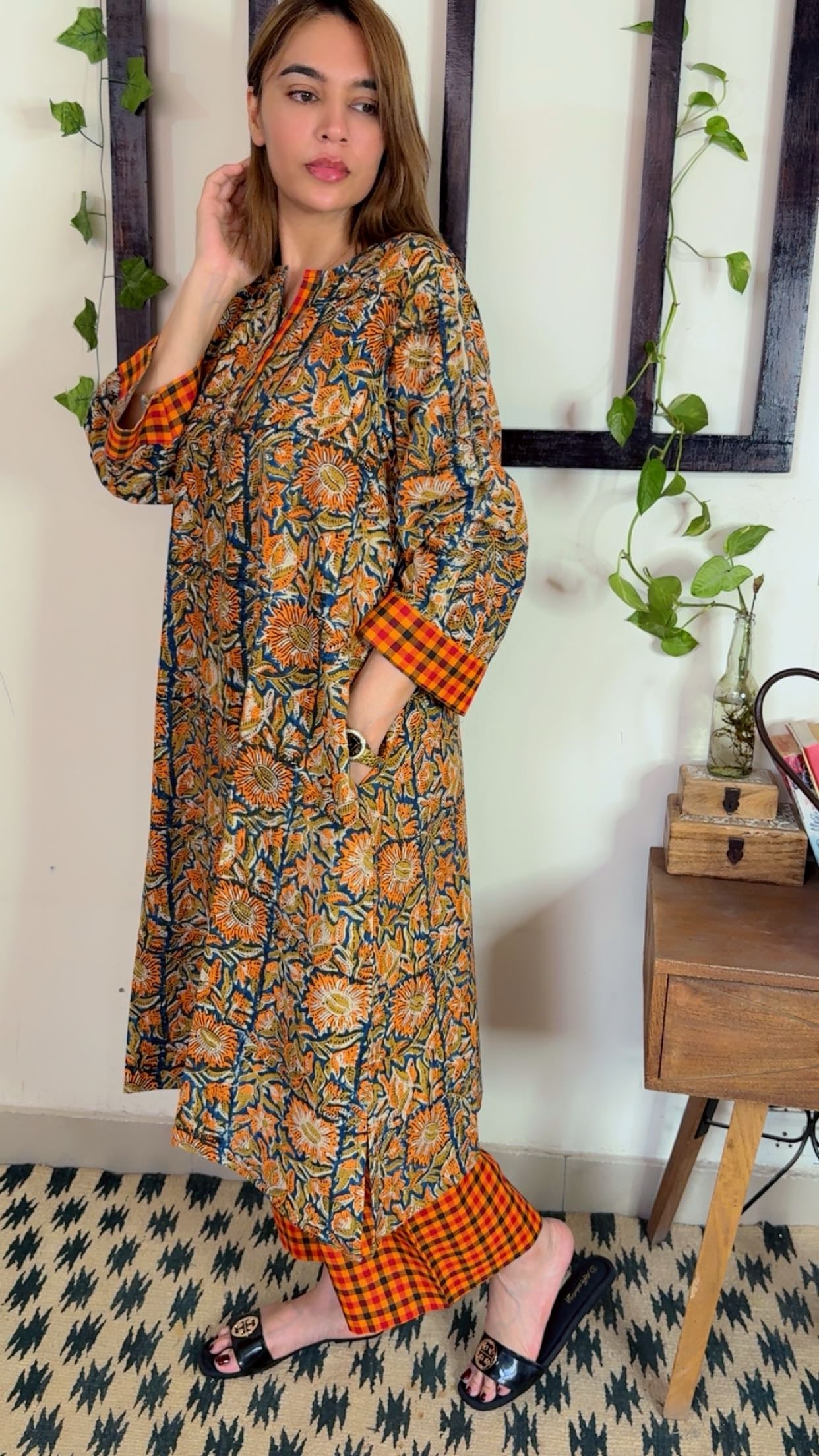 Handblock Kalamkari Shirt with Handloom Check Bottom ✨
