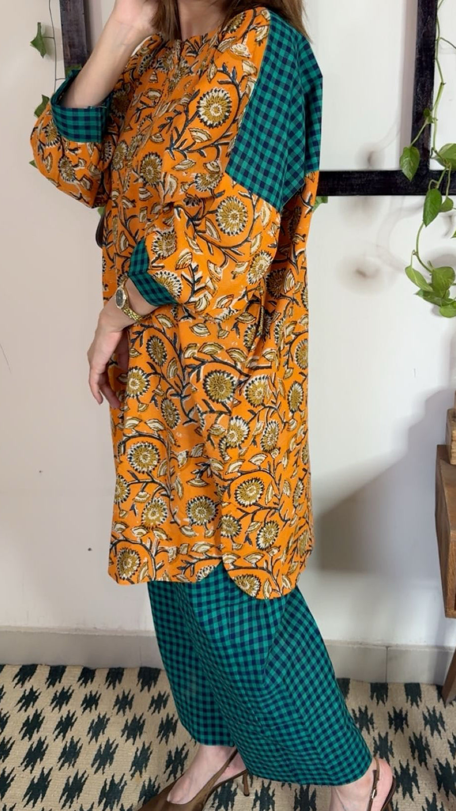 Handblock Kalamkari Shirt boxy fit  with Handloom Check Bottom ✨