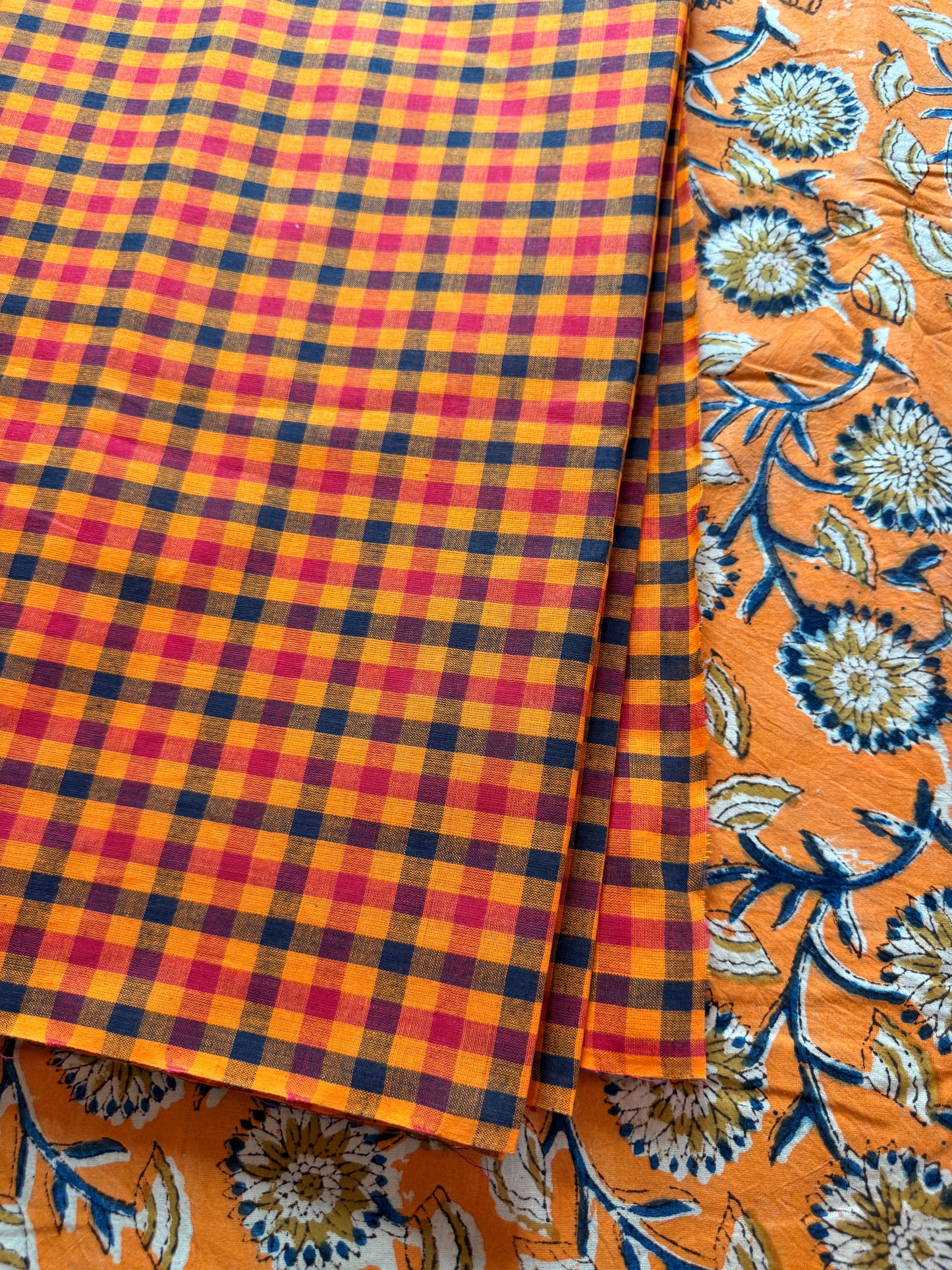 Handblock Kalamkari with Handloom Check Bottom ✨