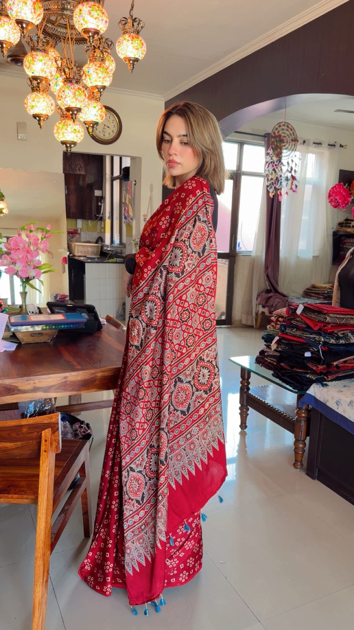 Modal Silk Ajrakh Handblock Saree ✨