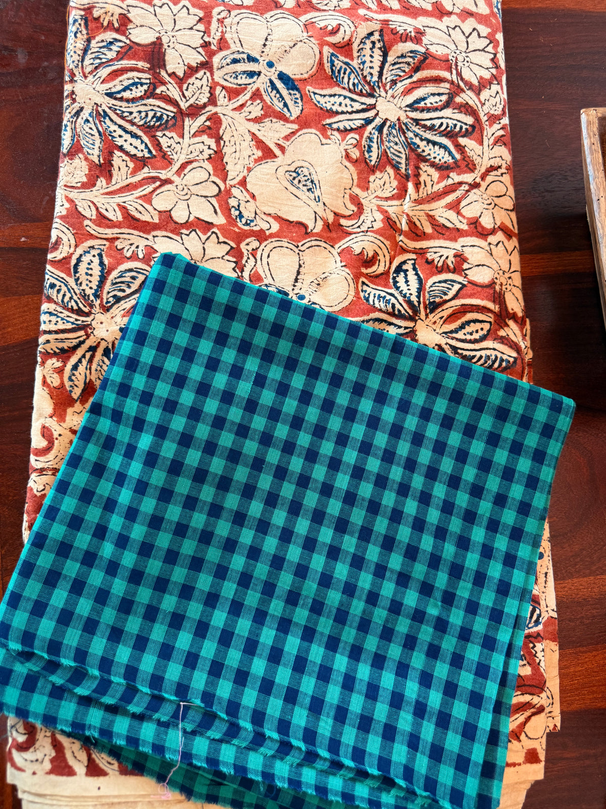 Handblock Kalamkari with Handloom Check Bottom ✨