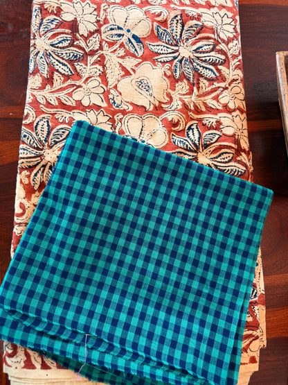 Handblock Kalamkari with Handloom Check Bottom ✨