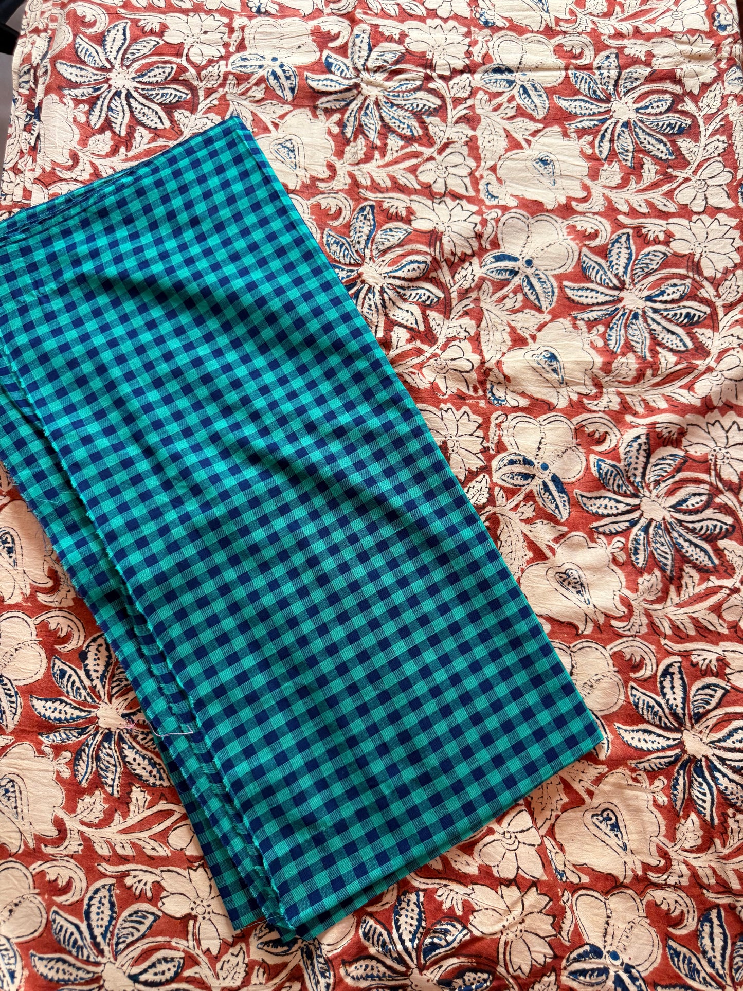 Handblock Kalamkari with Handloom Check Bottom ✨