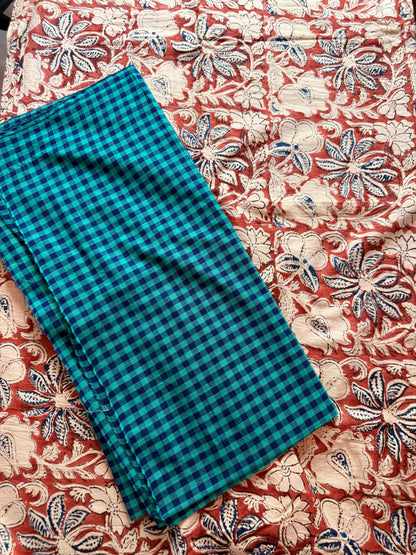 Handblock Kalamkari with Handloom Check Bottom ✨