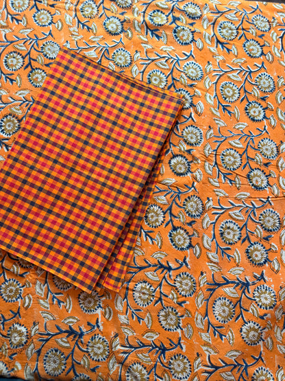 Handblock Kalamkari with Handloom Check Bottom ✨