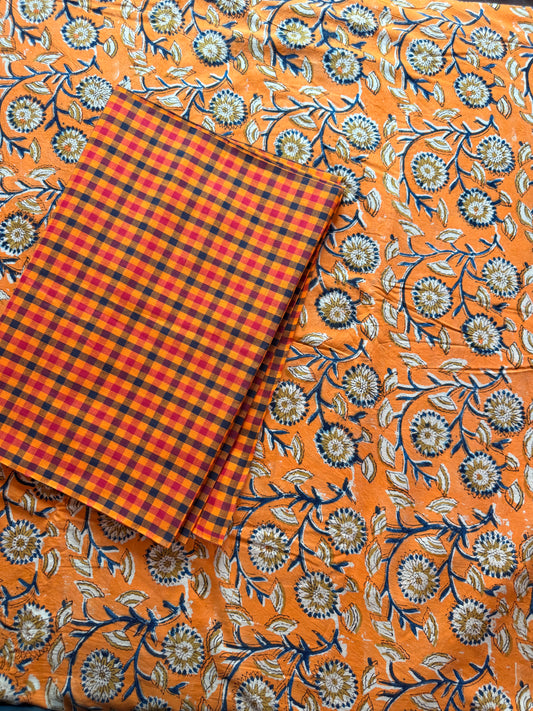 Handblock Kalamkari with Handloom Check Bottom ✨