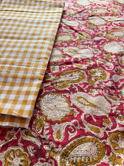 Handblock Kalamkari with Handloom Check Bottom ✨