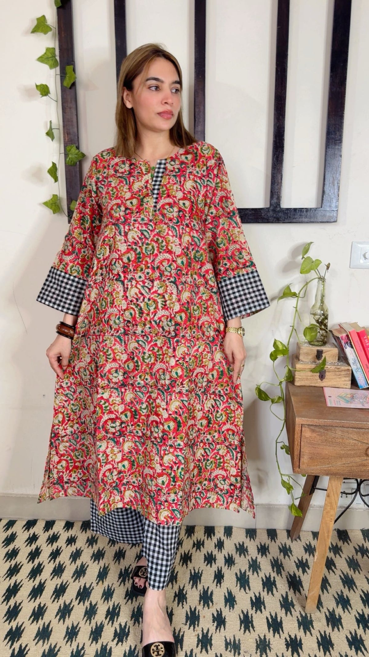 Handblock Kalamkari Shirt with Handloom Check Bottom ✨
