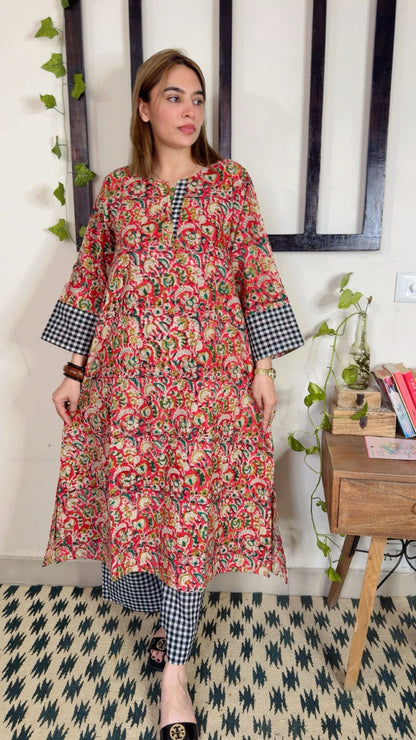 Handblock Kalamkari Shirt with Handloom Check Bottom ✨