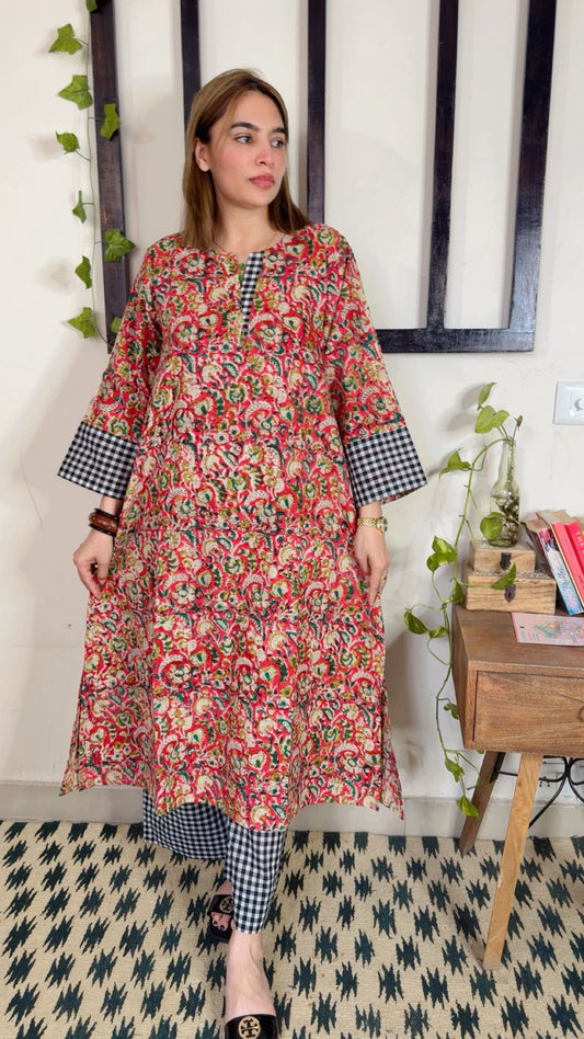 Handblock Kalamkari Shirt with Handloom Check Bottom ✨