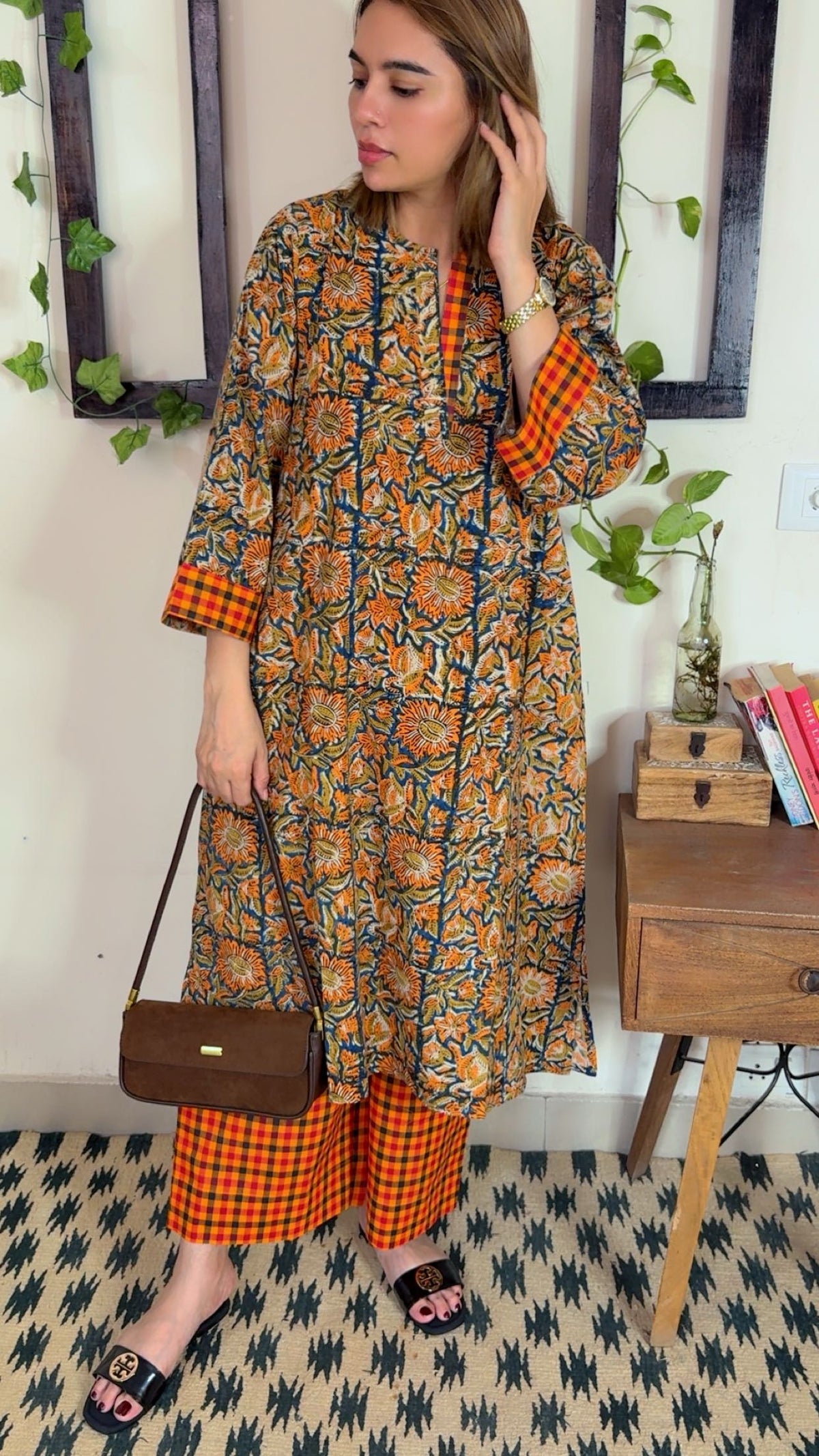 Handblock Kalamkari Shirt with Handloom Check Bottom ✨