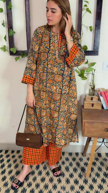Handblock Kalamkari Shirt with Handloom Check Bottom ✨