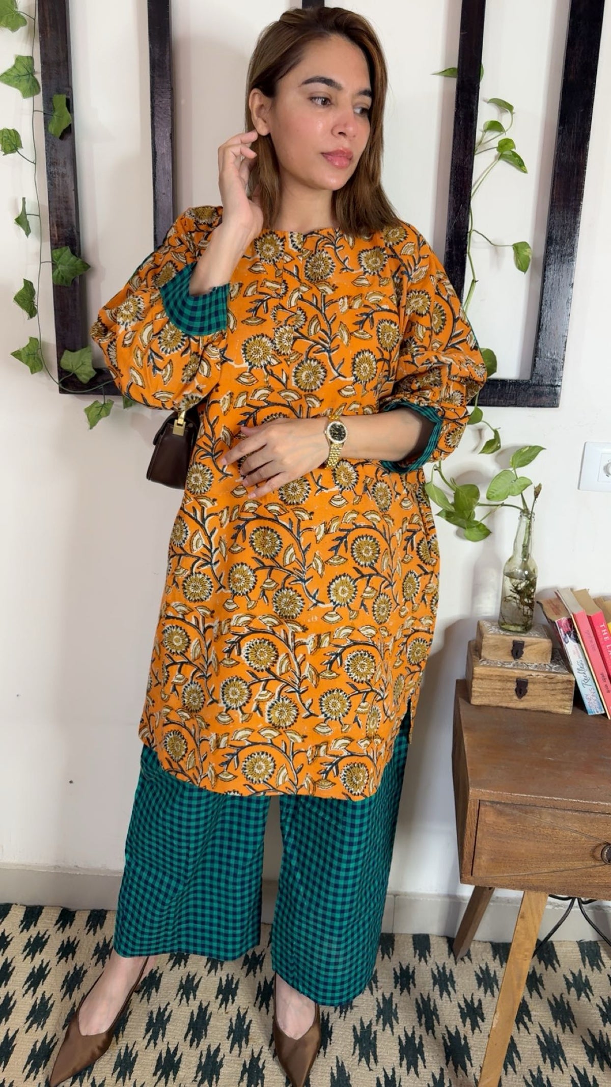 Handblock Kalamkari Shirt boxy fit  with Handloom Check Bottom ✨