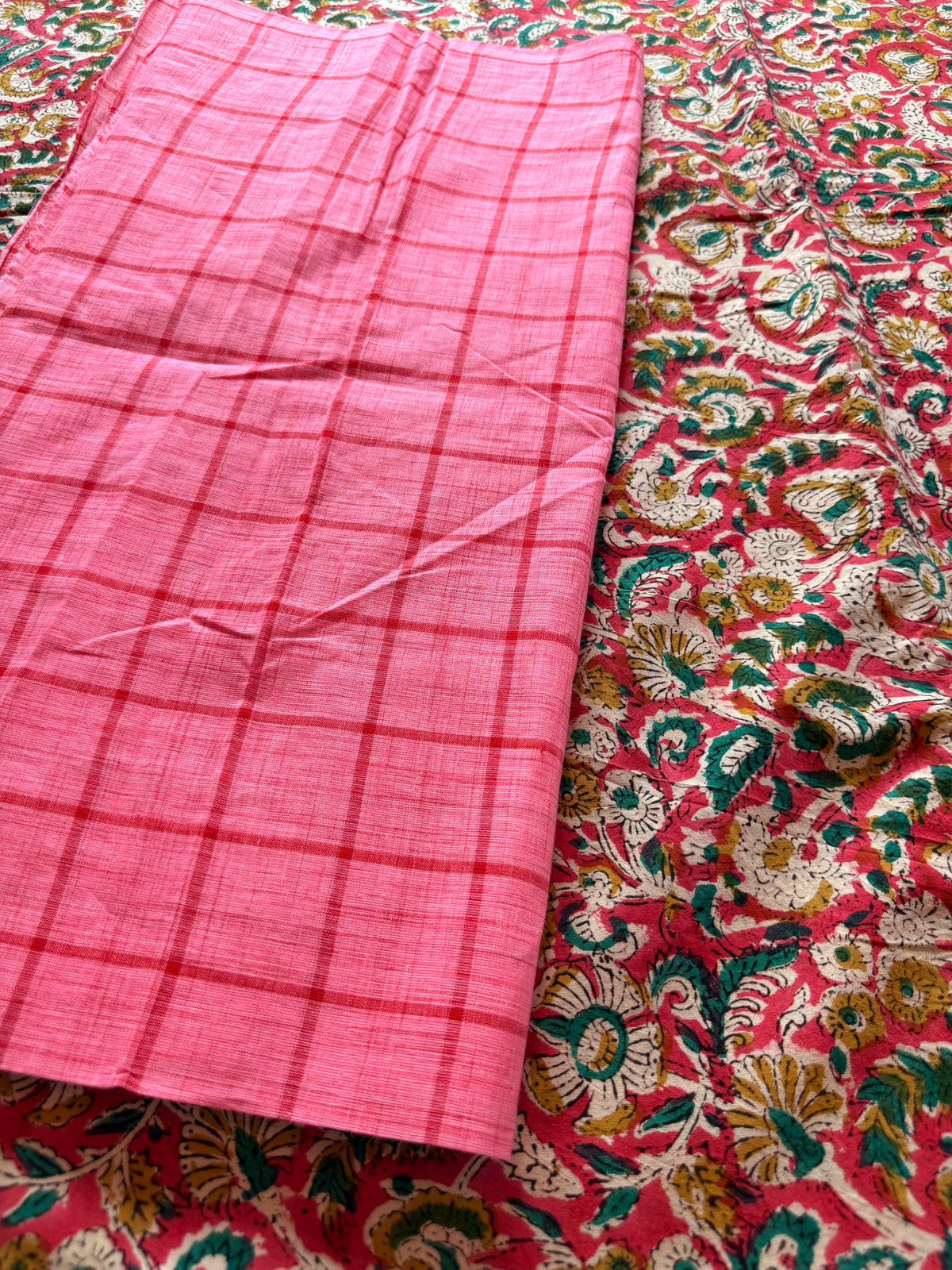 Handblock Kalamkari with Handloom Check Bottom ✨