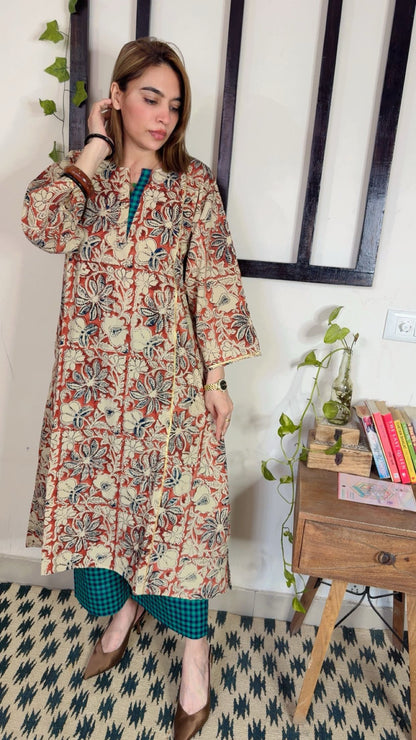 Handblock Kalamkari phiran  with Handloom Check Bottom ✨
