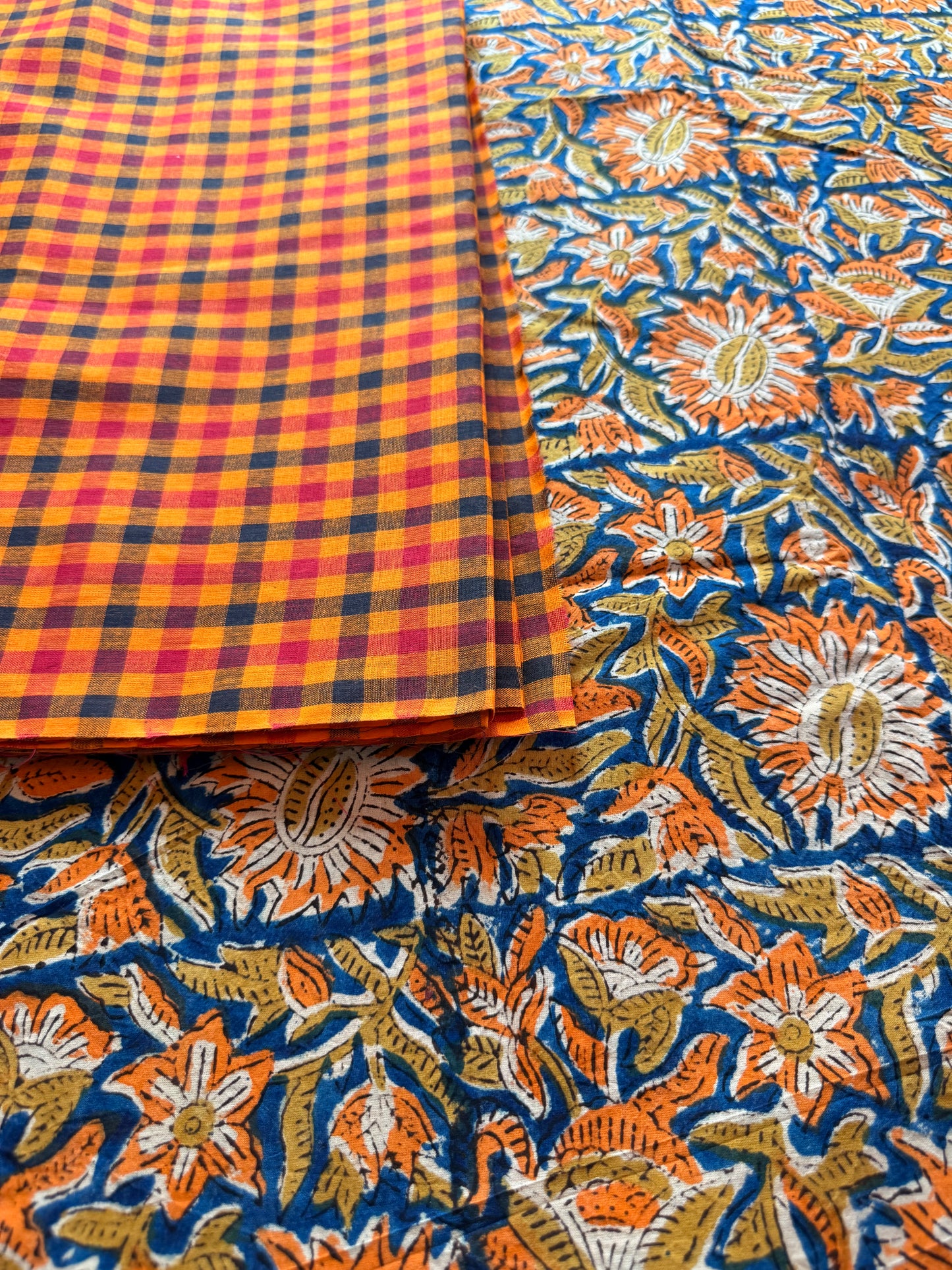Handblock Kalamkari with Handloom Check Bottom ✨