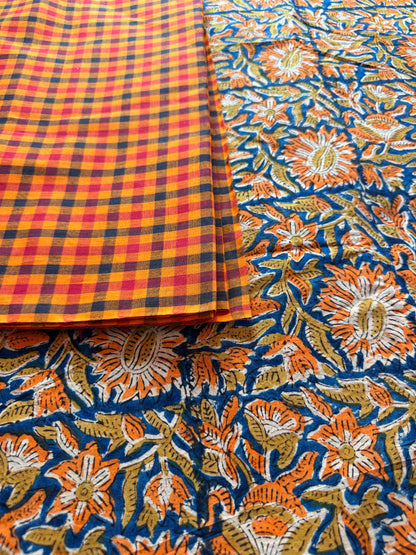 Handblock Kalamkari with Handloom Check Bottom ✨