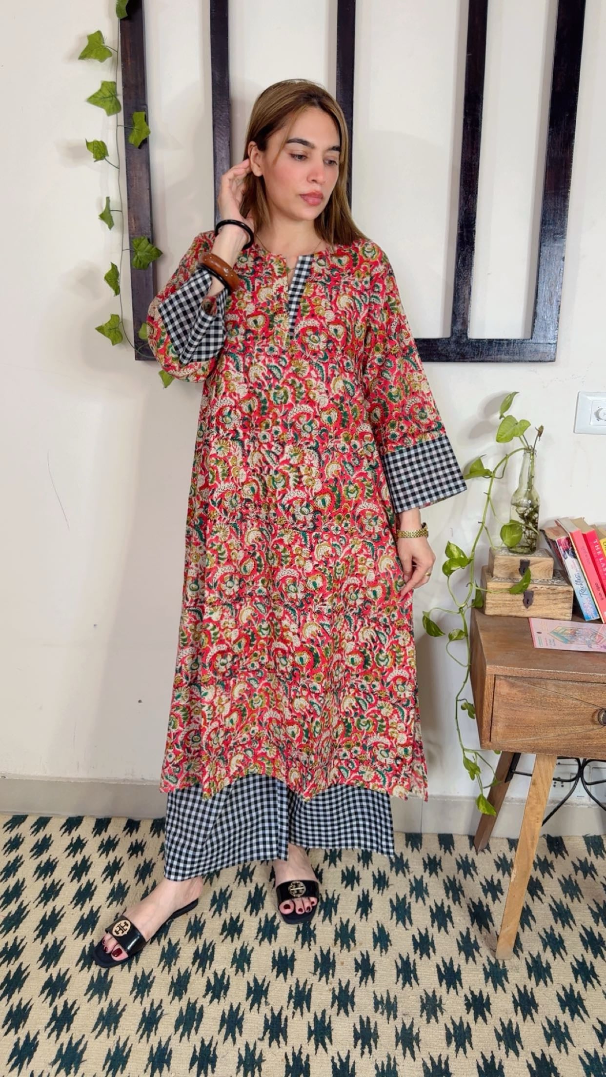 Handblock Kalamkari Shirt with Handloom Check Bottom ✨