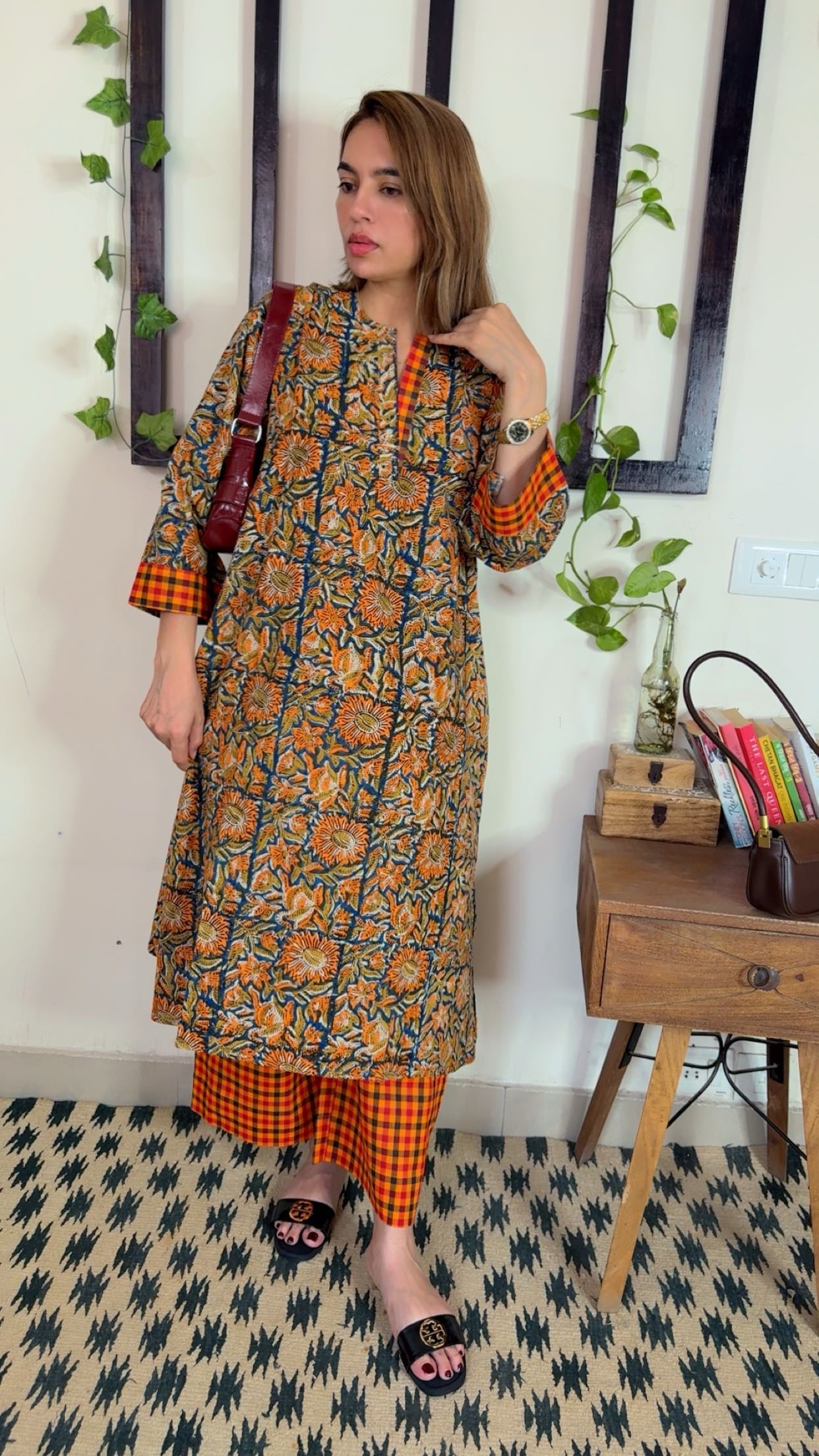 Handblock Kalamkari Shirt with Handloom Check Bottom ✨