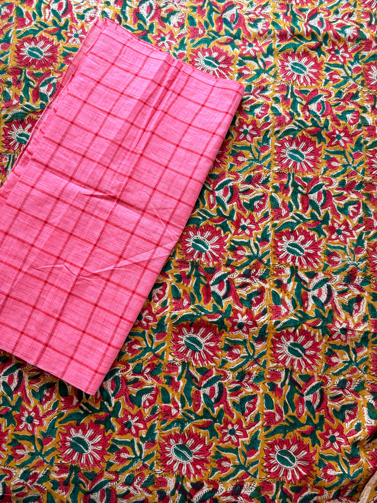 Handblock Kalamkari with Handloom Check Bottom ✨